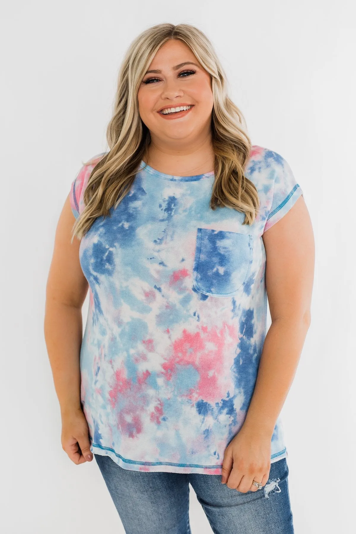 All Is Well Tie Dye Pocket Top- Blue & Pink