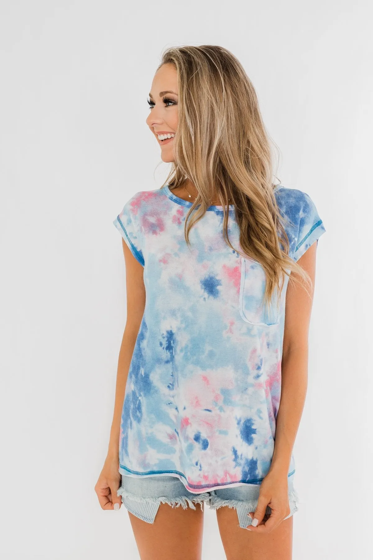 All Is Well Tie Dye Pocket Top- Blue & Pink