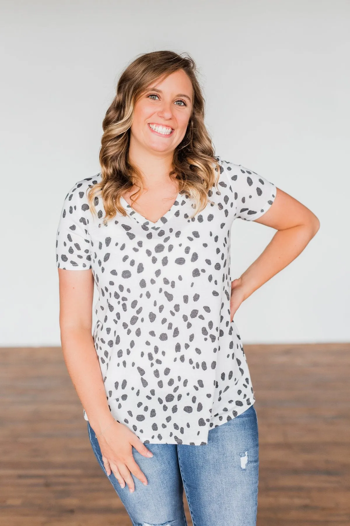 Always Be There Short Sleeve Spotted Top- Off White