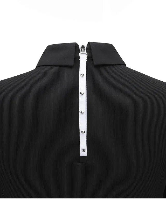ANEW Golf: Women's Sleeve Block Back Zipper Point Ribbed Long T-Shirt - Black