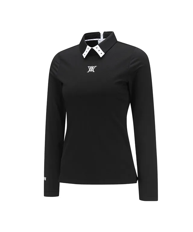 ANEW Golf: Women's Sleeve Block Back Zipper Point Ribbed Long T-Shirt - Black