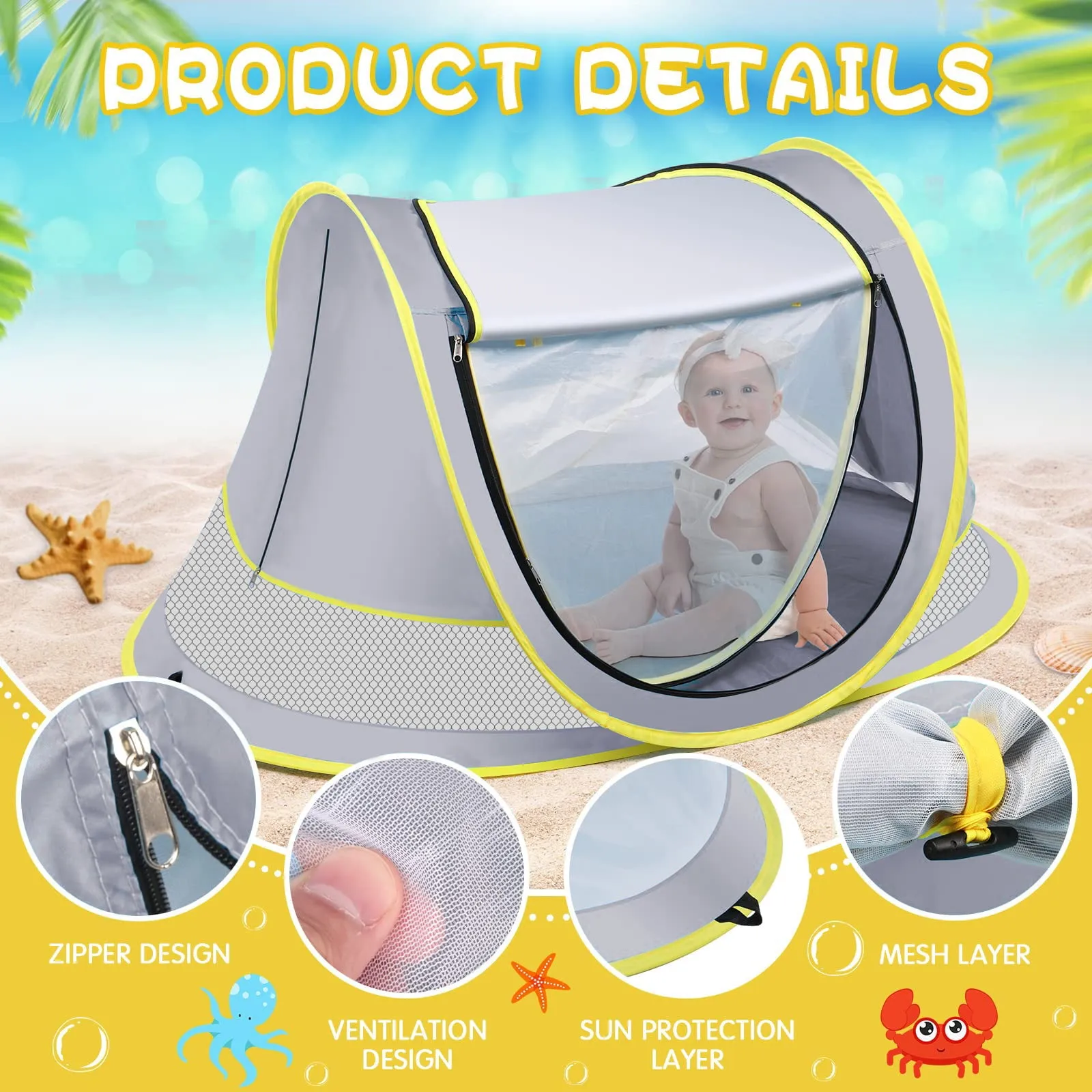 Baby Beach Tent UPF 50  Pop up Beach Tent Sun Shelter Easy Setup Tent for Travel