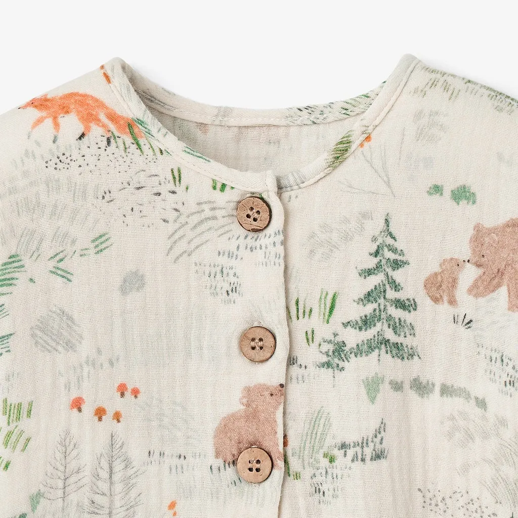 BEAR PRINT LONG SLEEVE ORGANIC MUSLIN BABY JUMPSUIT
