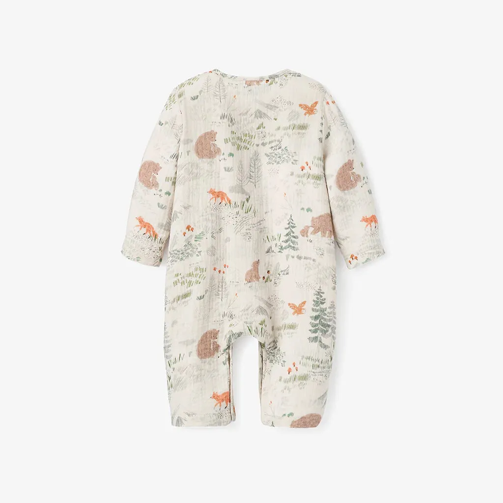 BEAR PRINT LONG SLEEVE ORGANIC MUSLIN BABY JUMPSUIT