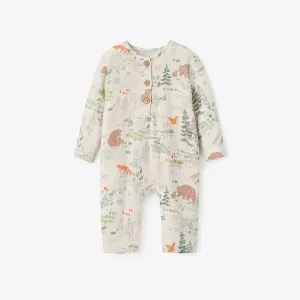 BEAR PRINT LONG SLEEVE ORGANIC MUSLIN BABY JUMPSUIT