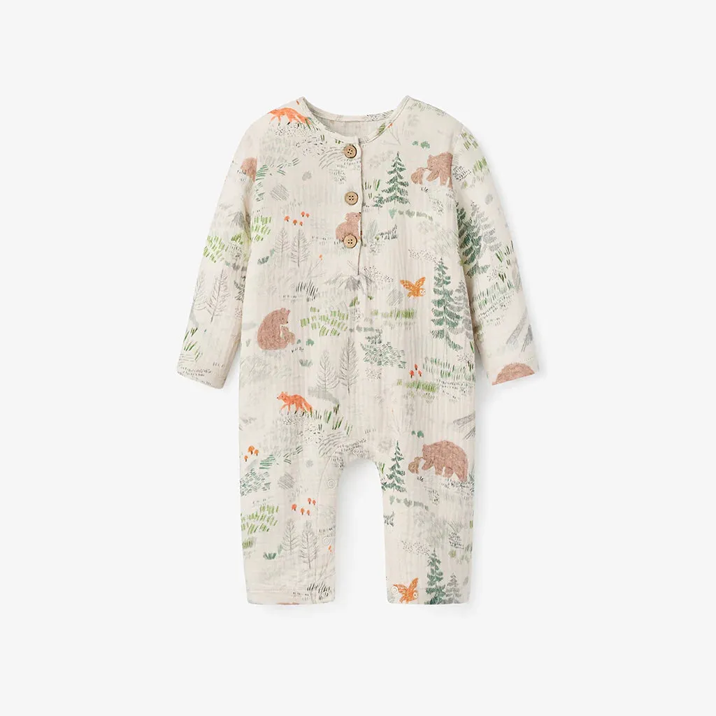 BEAR PRINT LONG SLEEVE ORGANIC MUSLIN BABY JUMPSUIT