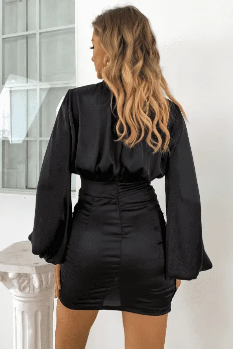 black high collar lantern sleeve pleated dress