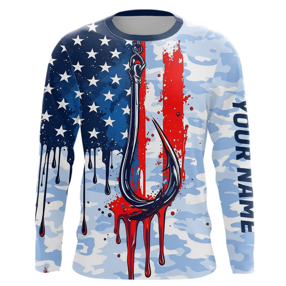 Blue Camo Dripping American Flag US Fish Hook Custom Long Sleeve Patriotic Fishing Shirts IPHW7954