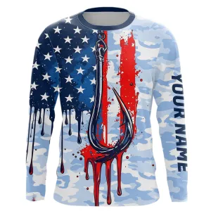 Blue Camo Dripping American Flag US Fish Hook Custom Long Sleeve Patriotic Fishing Shirts IPHW7954