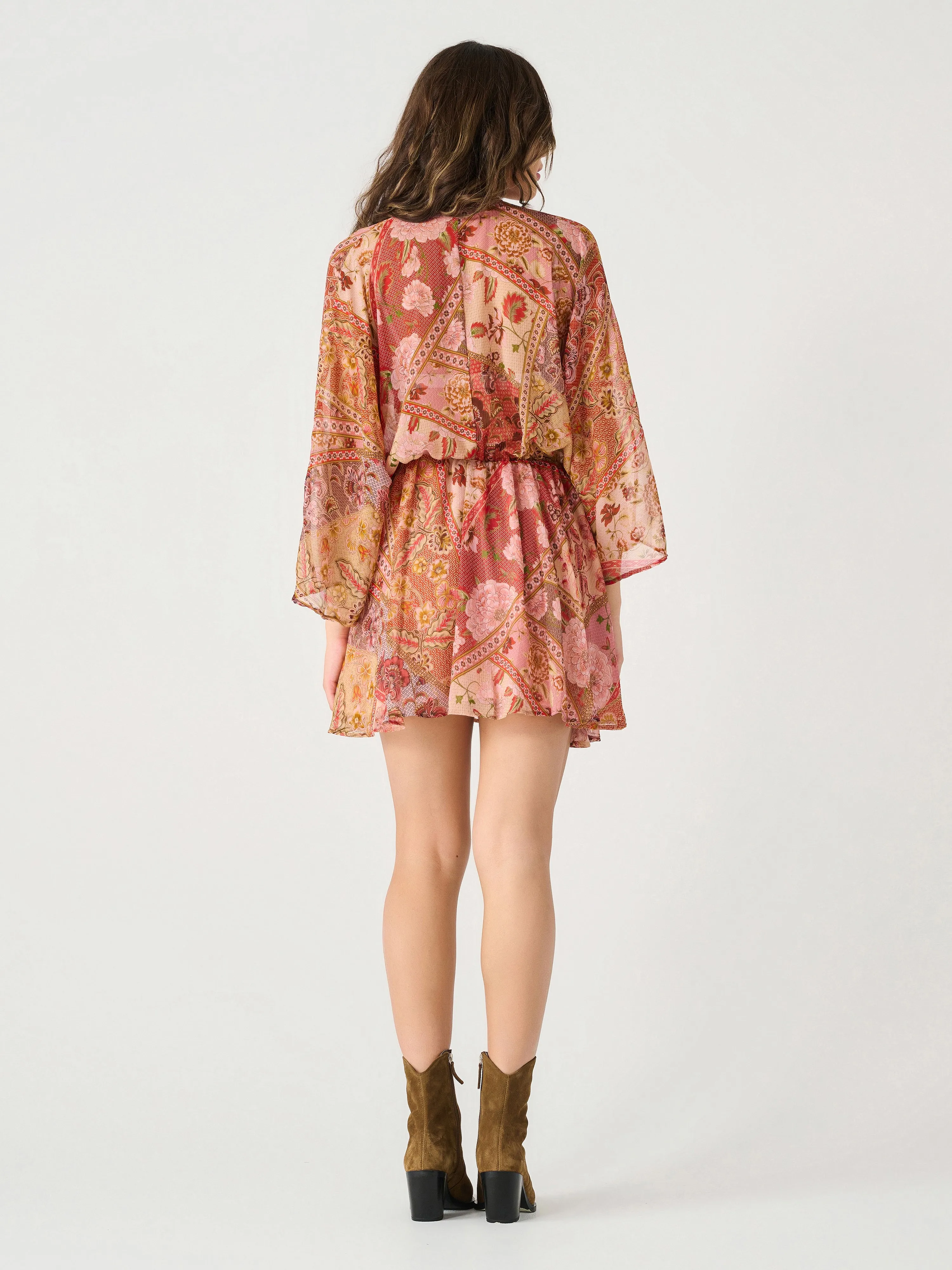 Butterfly Sleeve Patch Print Wrap Mini Dress