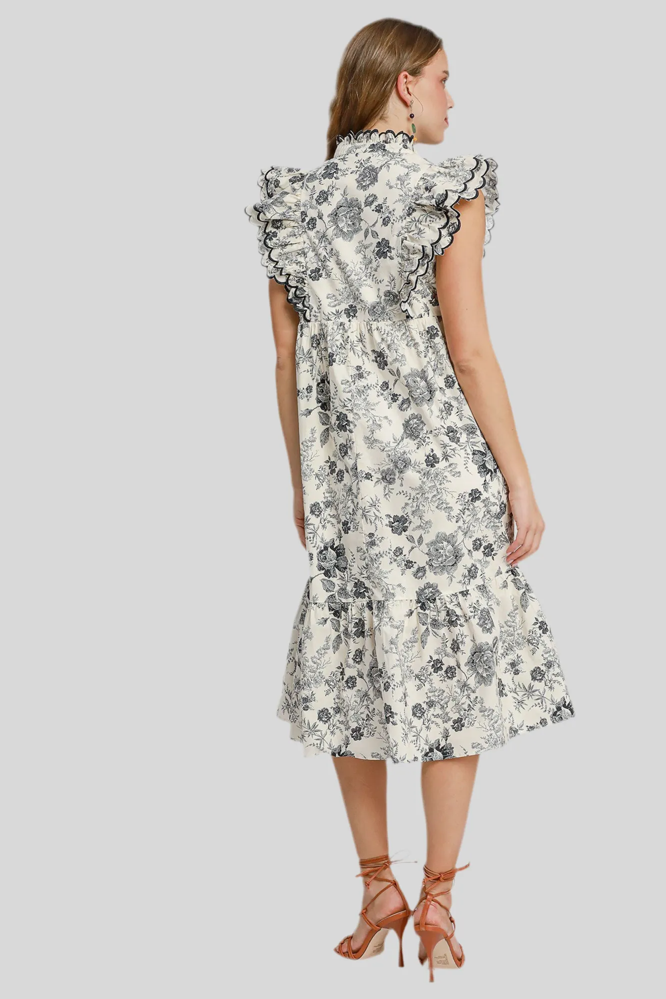 COUNTRY MORNING FLORAL PRINT MIDI DRESS - BLACK