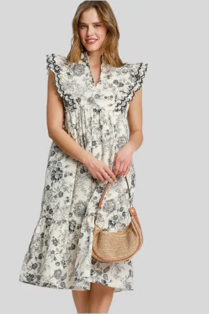 COUNTRY MORNING FLORAL PRINT MIDI DRESS - BLACK