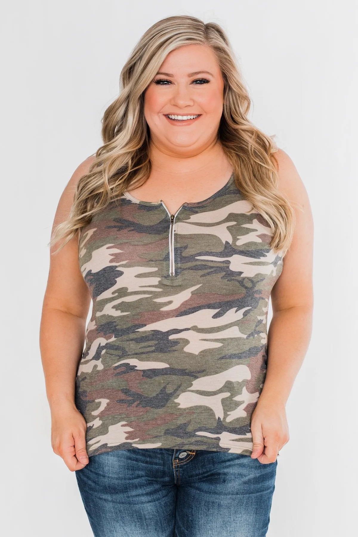 Curious About You Zipper Tank Top- Camo