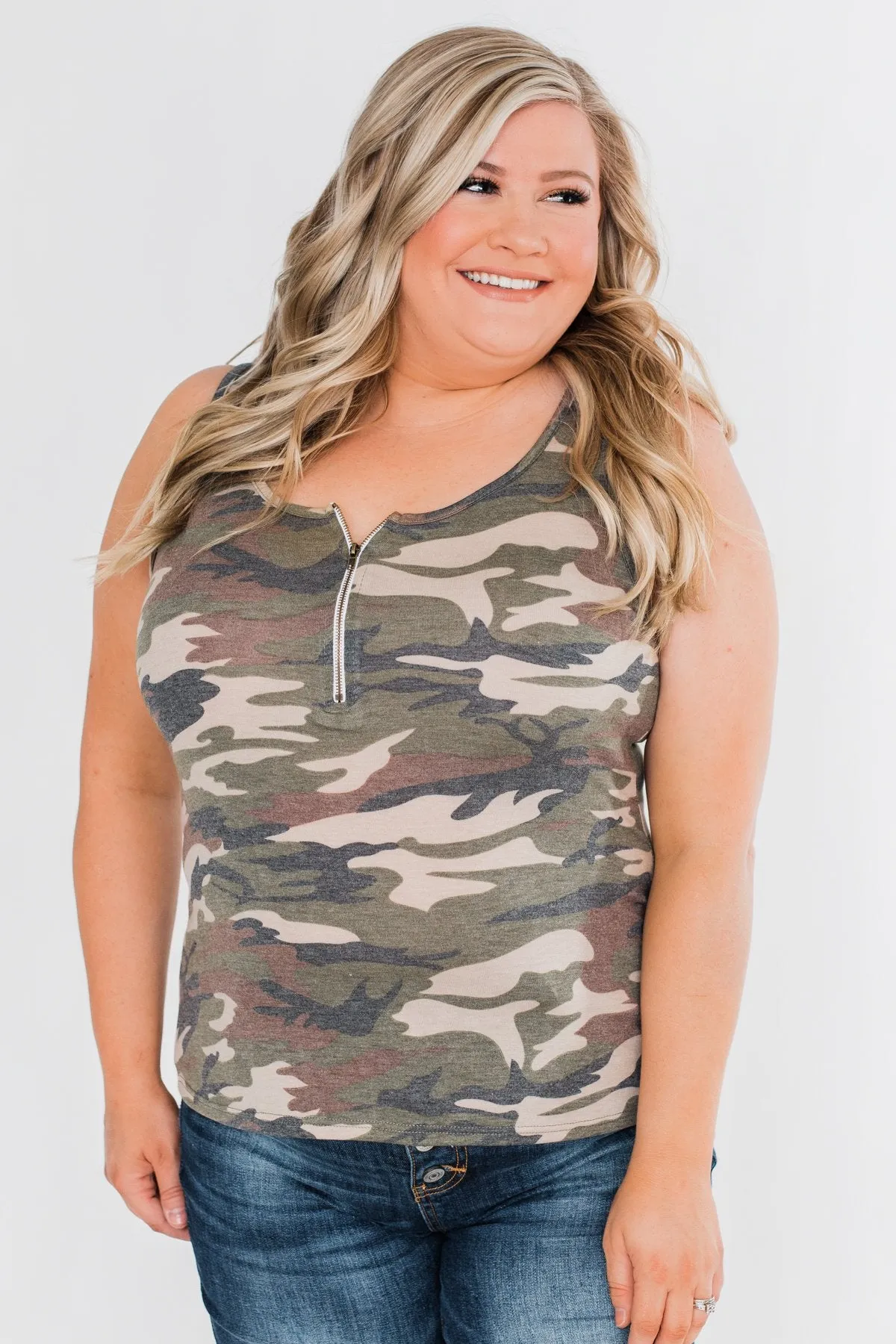 Curious About You Zipper Tank Top- Camo