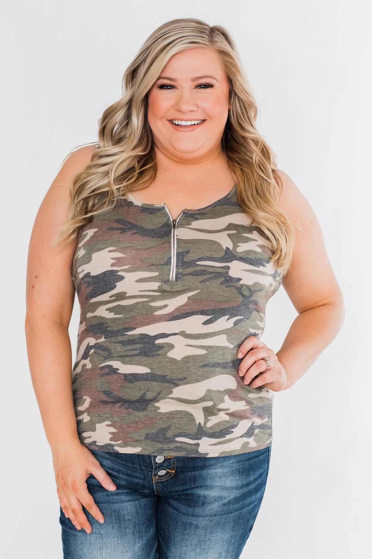 Curious About You Zipper Tank Top- Camo