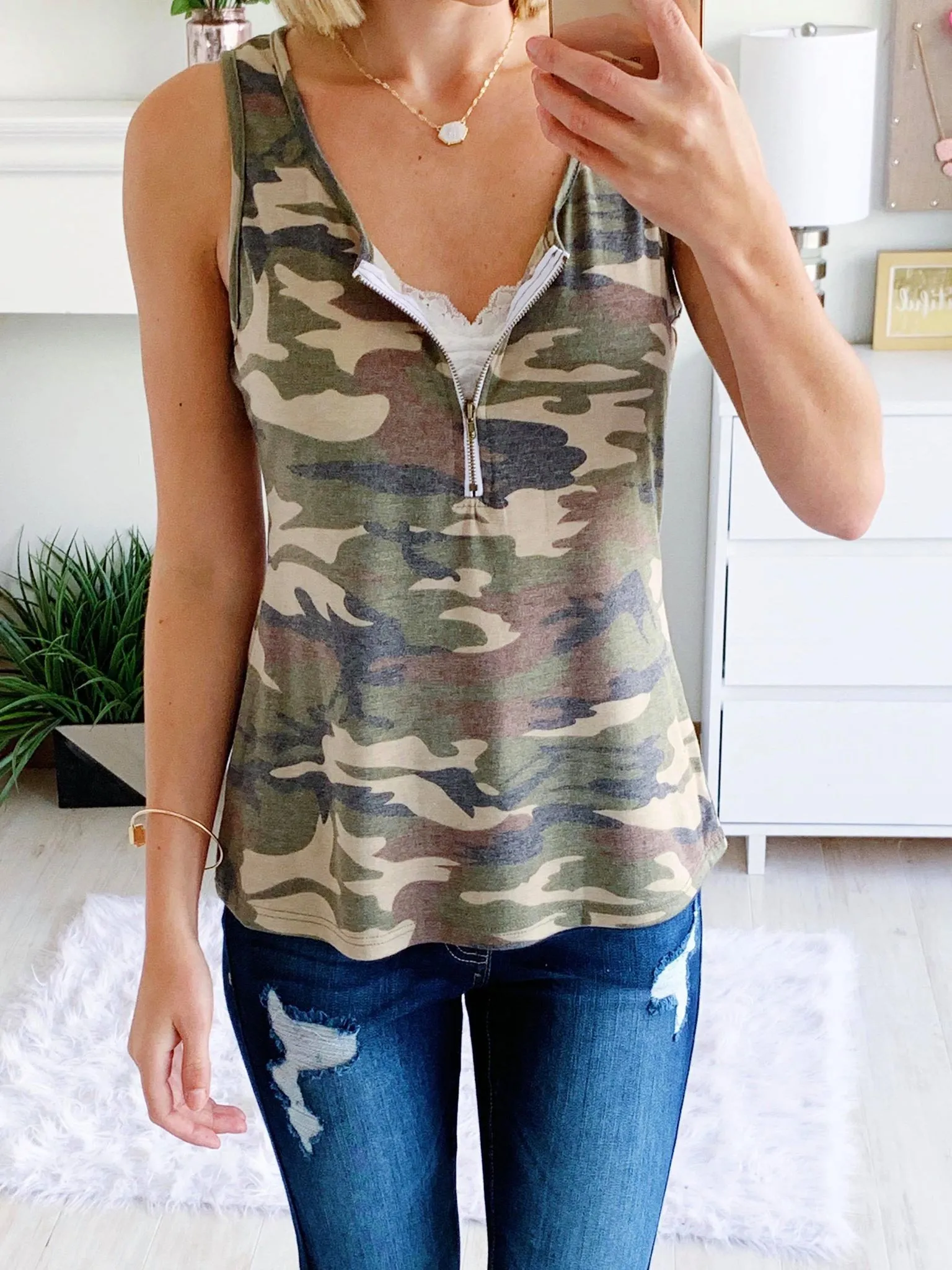 Curious About You Zipper Tank Top- Camo