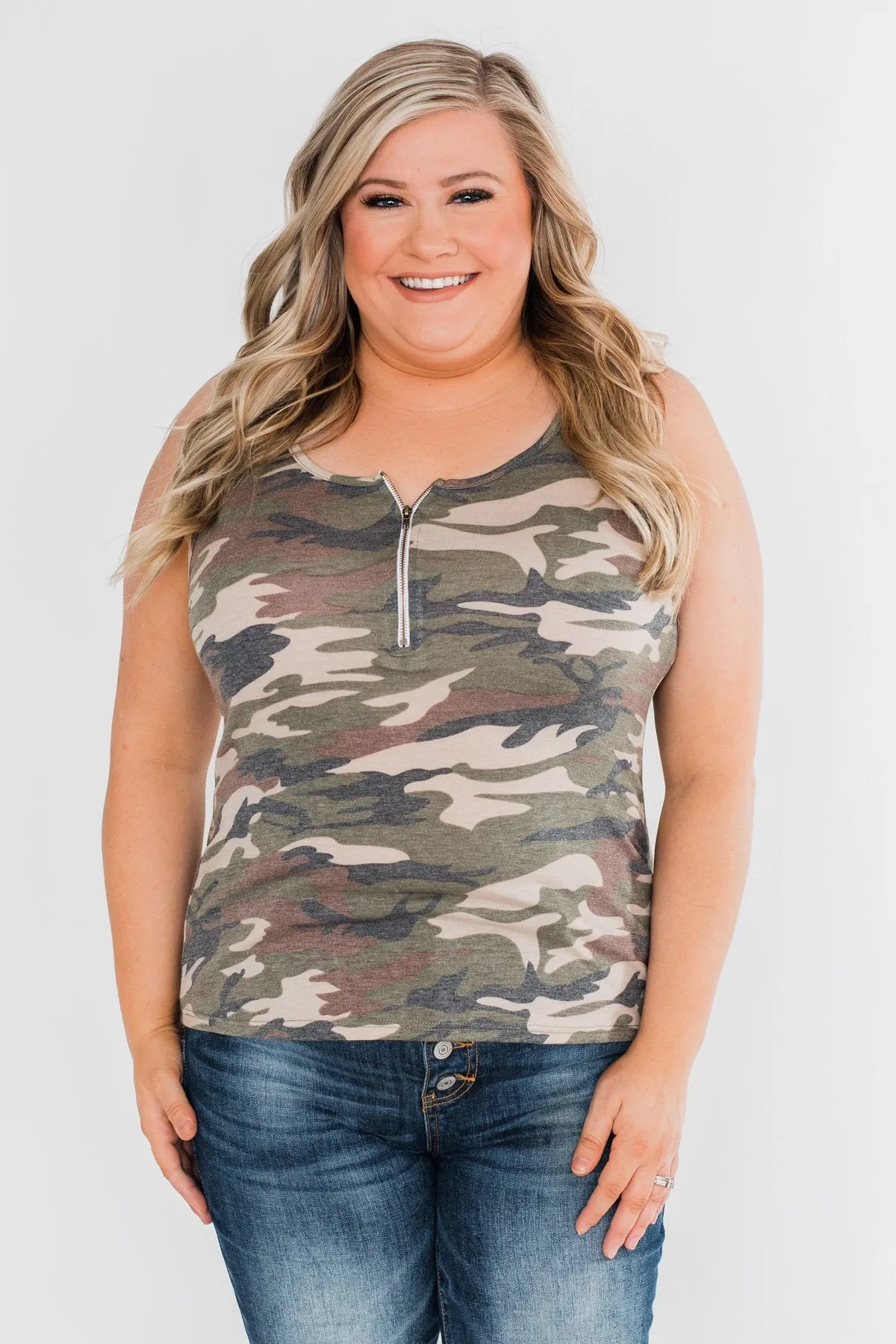 Curious About You Zipper Tank Top- Camo