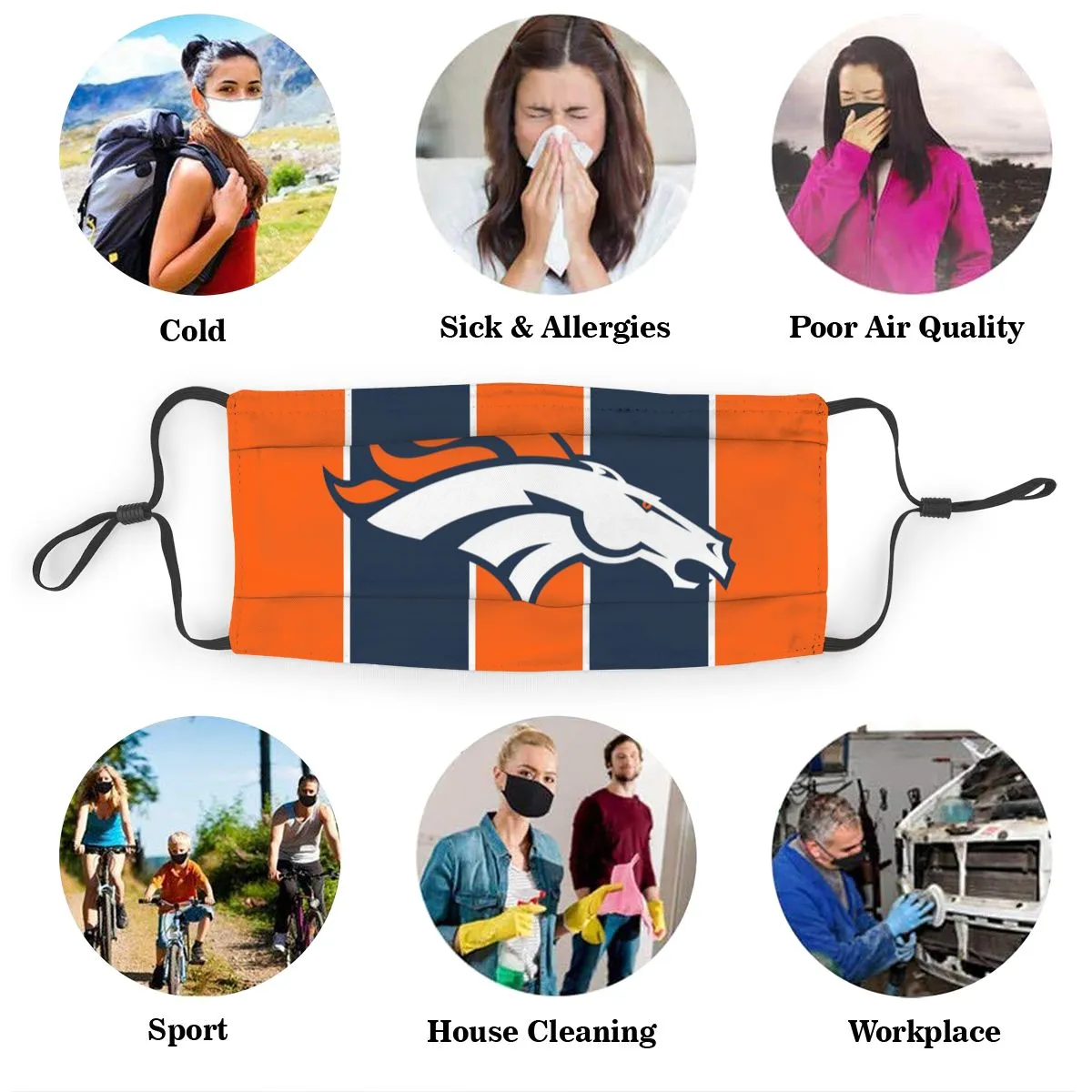 Custom Football Personalized CO.D.Bronco 01-Orange Dust Face Mask With Filters PM 2.5