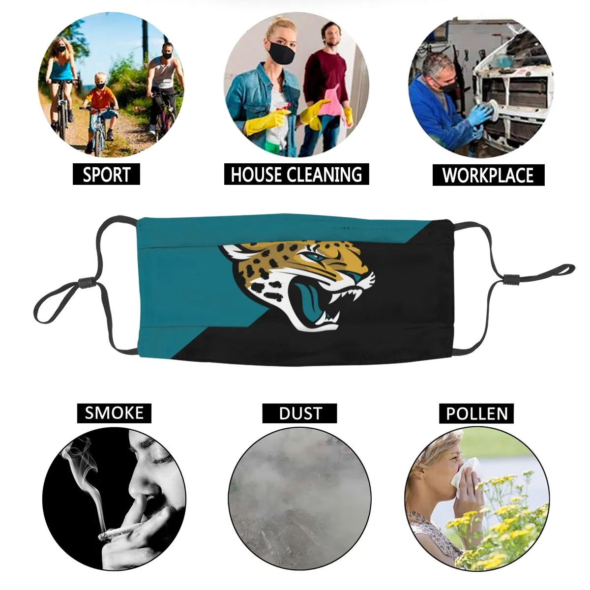 Custom Football Personalized Jacksonville Jaguars Dust Face Mask With Filters PM 2.5