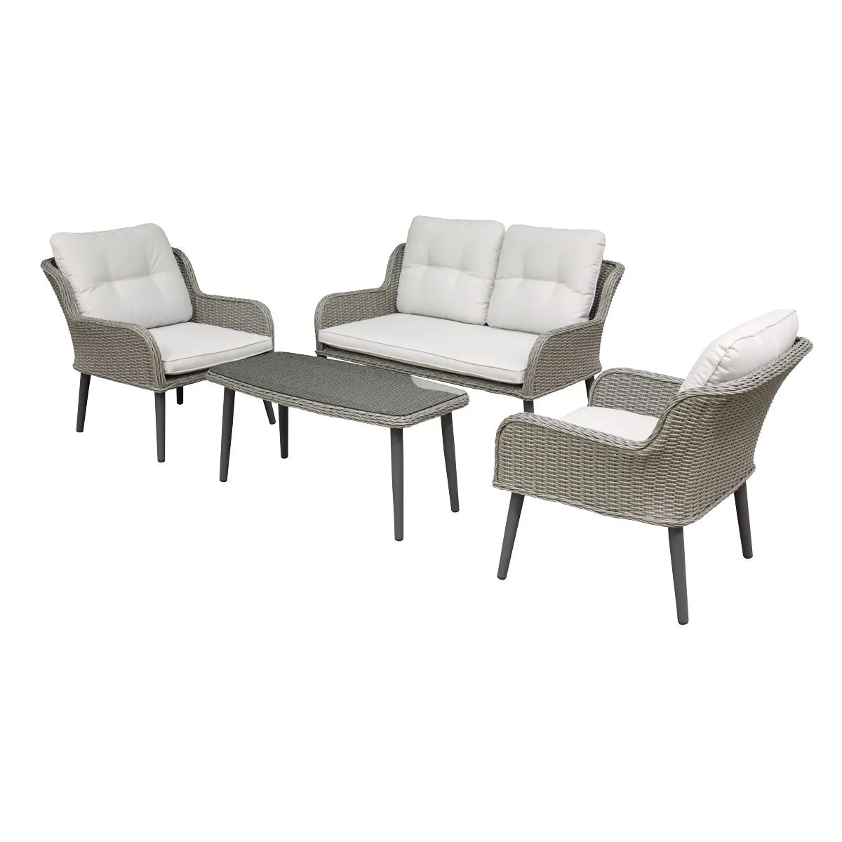 Dellonda Buxton 4 Piece Rattan Wicker Outdoor Lounge Set with Double Sofa, Grey