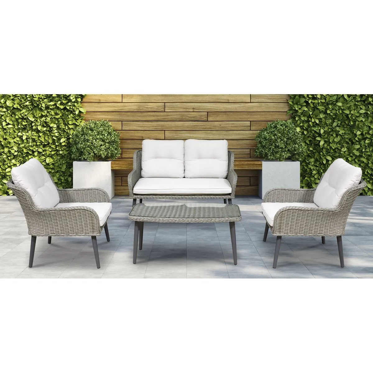 Dellonda Buxton 4 Piece Rattan Wicker Outdoor Lounge Set with Double Sofa, Grey