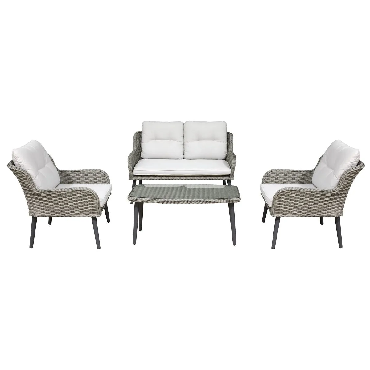 Dellonda Buxton 4 Piece Rattan Wicker Outdoor Lounge Set with Double Sofa, Grey