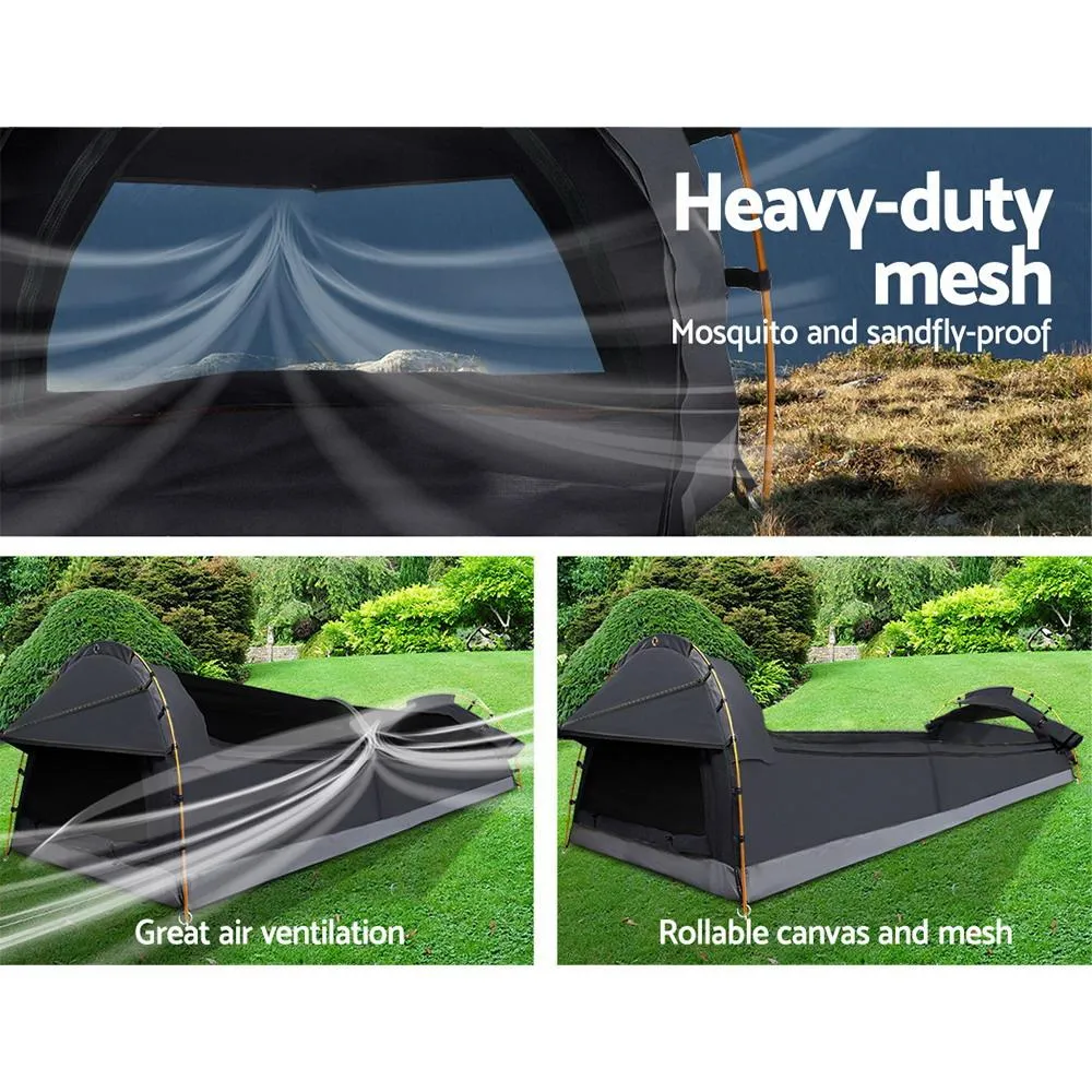 Double Swag Camping Swags Canvas Tent Deluxe Dark Grey Large Bag