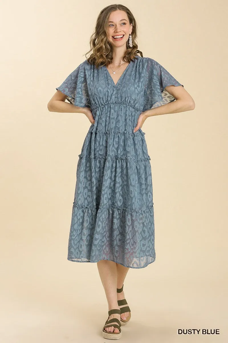 Dusty Blue Animal Print Tiered Maxi Dress