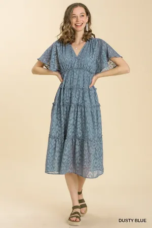 Dusty Blue Animal Print Tiered Maxi Dress