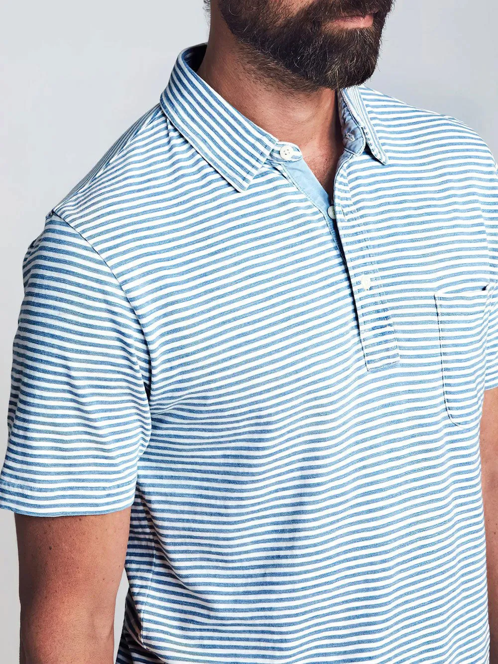 Faherty Men's Salt Wash Indigo Stripe Short Sleeve Polo NWT