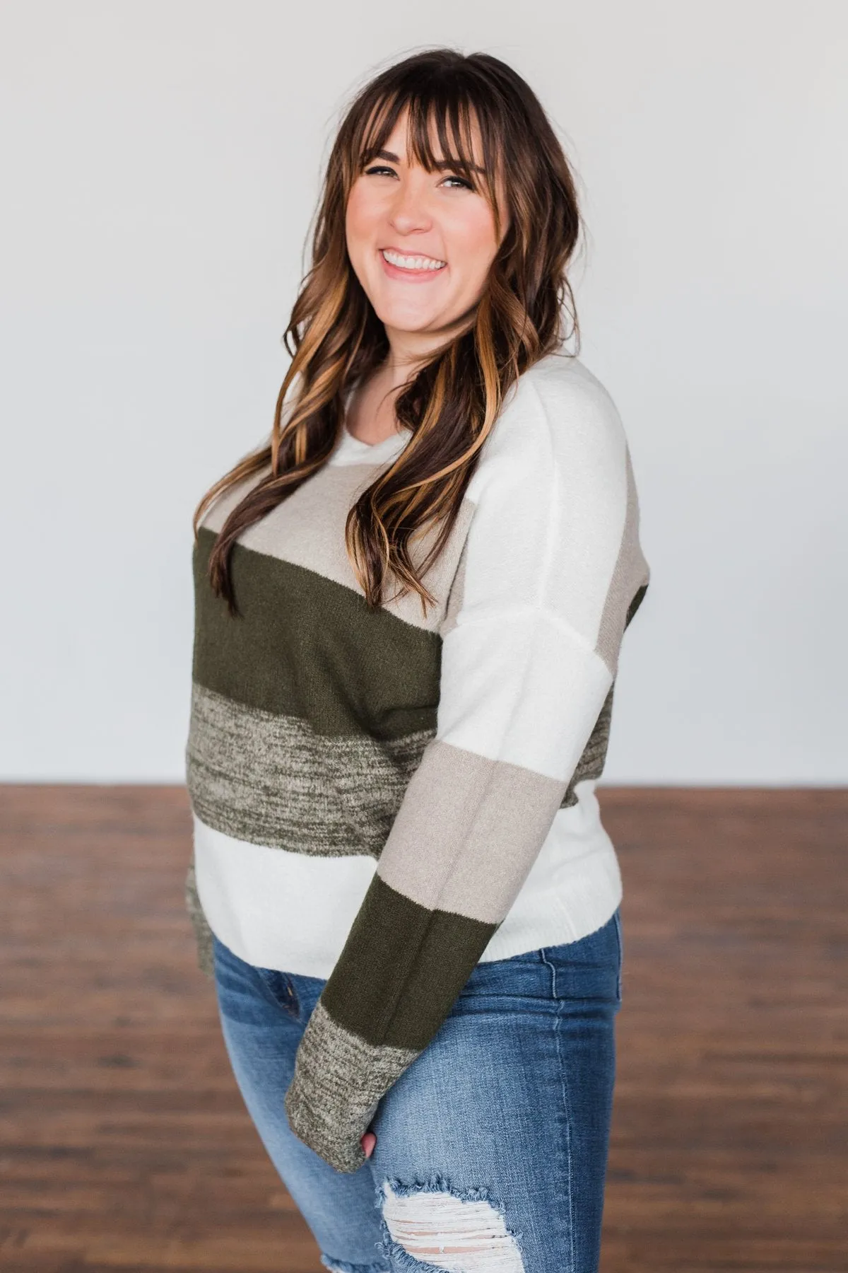 Feeling My Best Color Block Sweater- Olive, Taupe, & Ivory