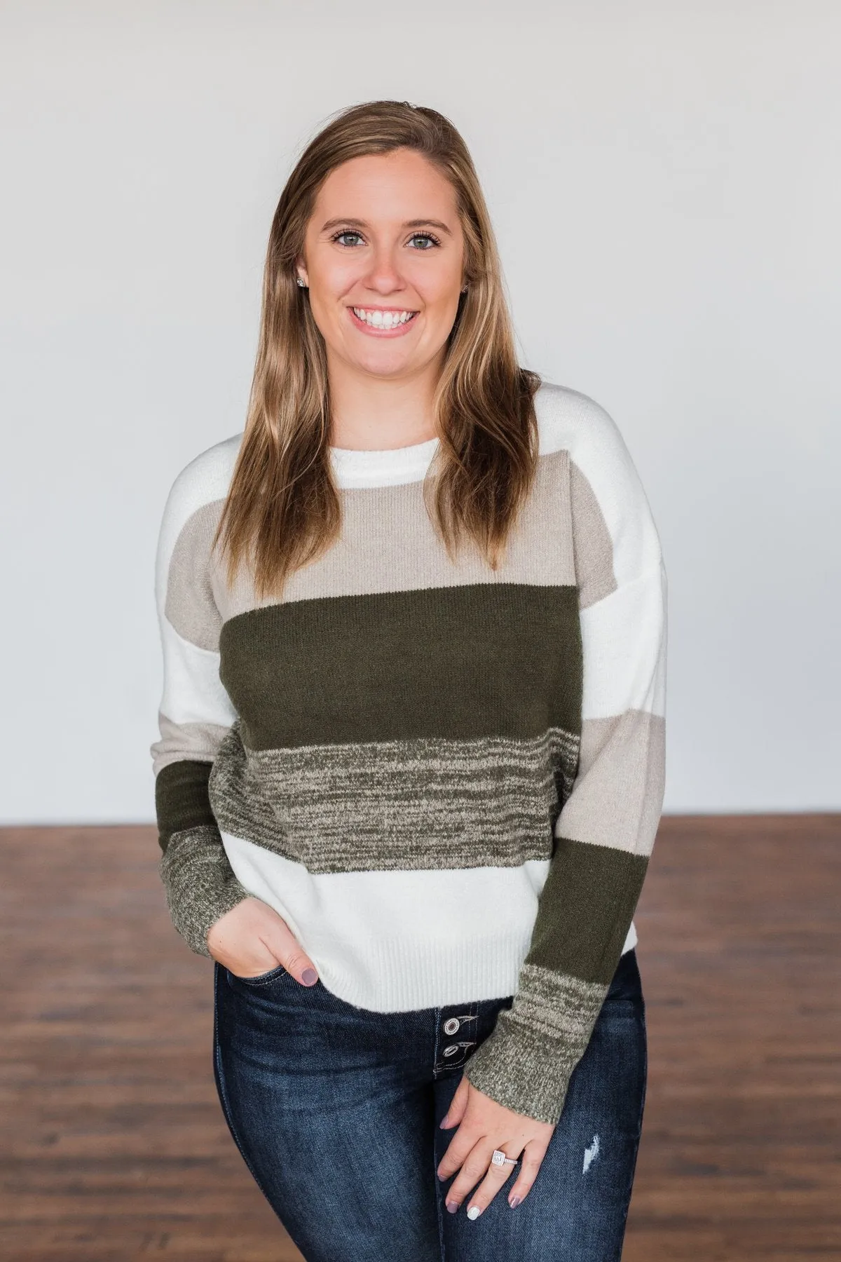 Feeling My Best Color Block Sweater- Olive, Taupe, & Ivory