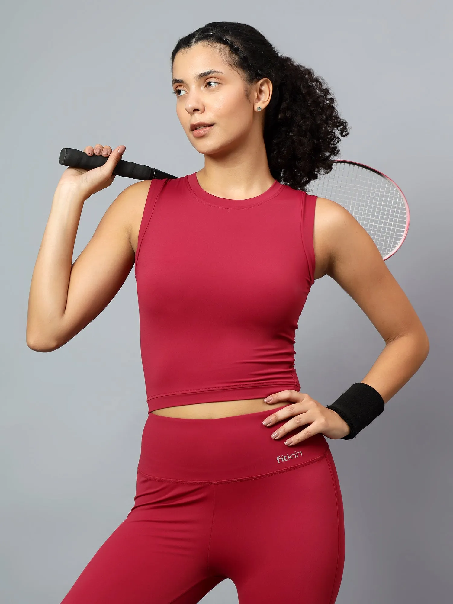 Fitkin Women Wine Fitted Crop Tank