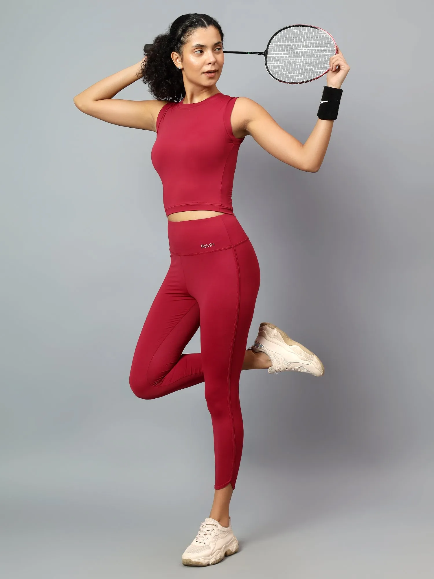 Fitkin Women Wine Fitted Crop Tank
