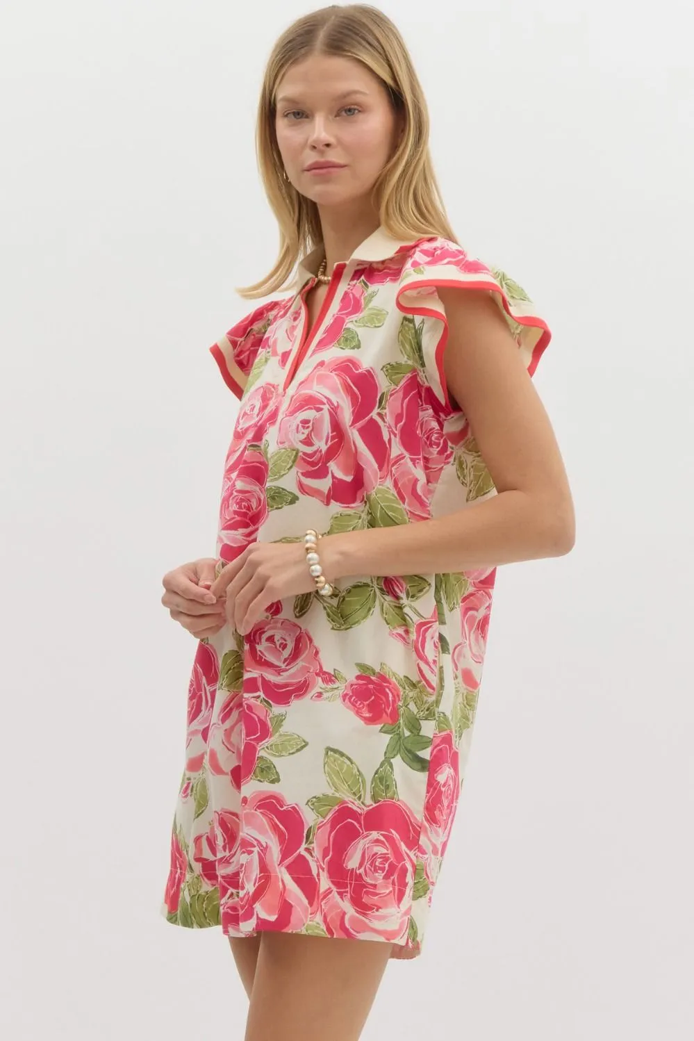 Floral Print Polo Ruffle Flutter Sleeve Pullover Mini Dress