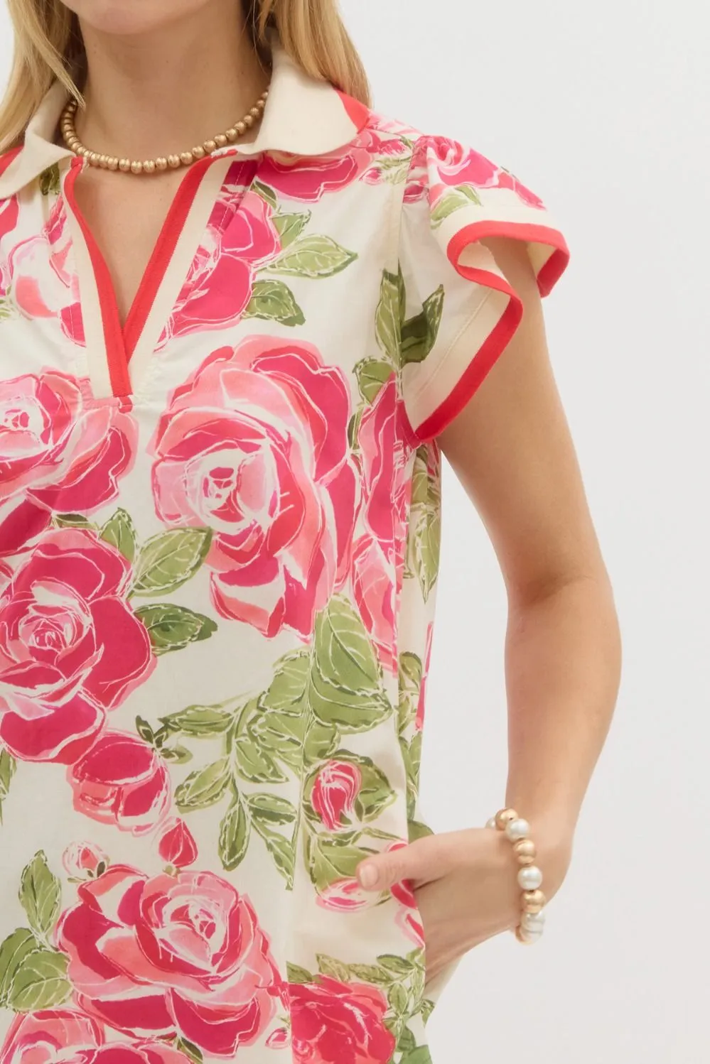 Floral Print Polo Ruffle Flutter Sleeve Pullover Mini Dress