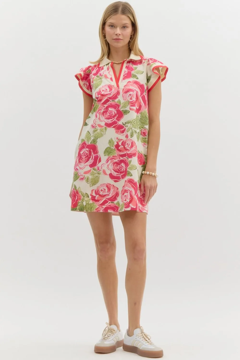 Floral Print Polo Ruffle Flutter Sleeve Pullover Mini Dress