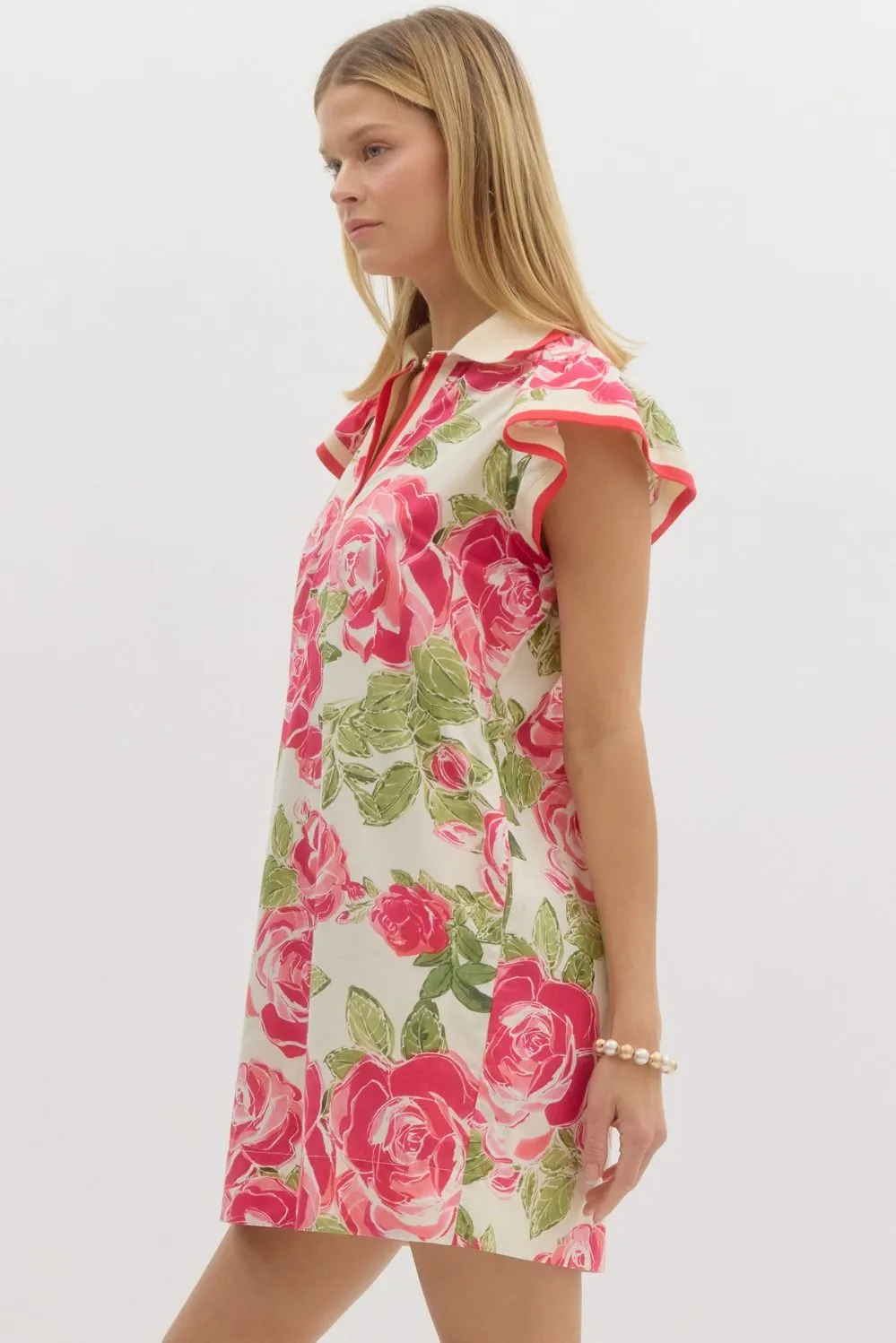 Floral Print Polo Ruffle Flutter Sleeve Pullover Mini Dress