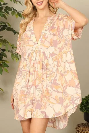 Floral V-Neck Short Sleeve Mini Dress
