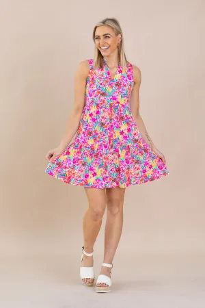 Fuchsia Floral Tiered Wrinkle Free Dress