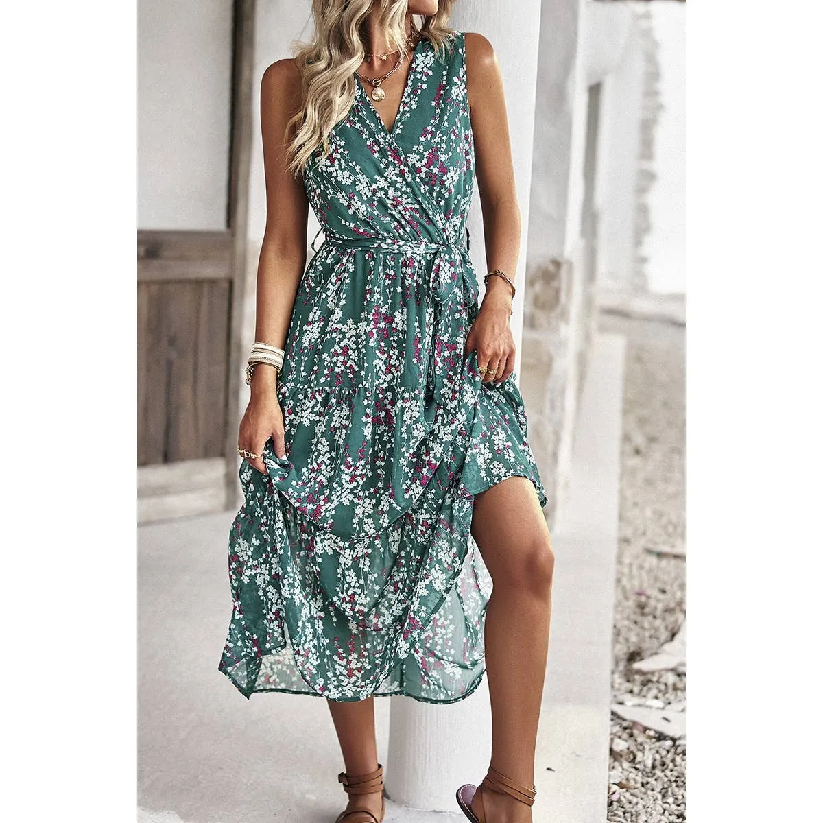 Green Floral Print Cross V Neck Belt Fit Sleeveless Dress