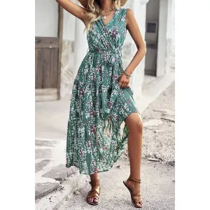 Green Floral Print Cross V Neck Belt Fit Sleeveless Dress