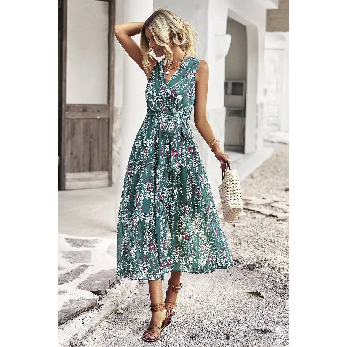 Green Floral Print Cross V Neck Belt Fit Sleeveless Dress