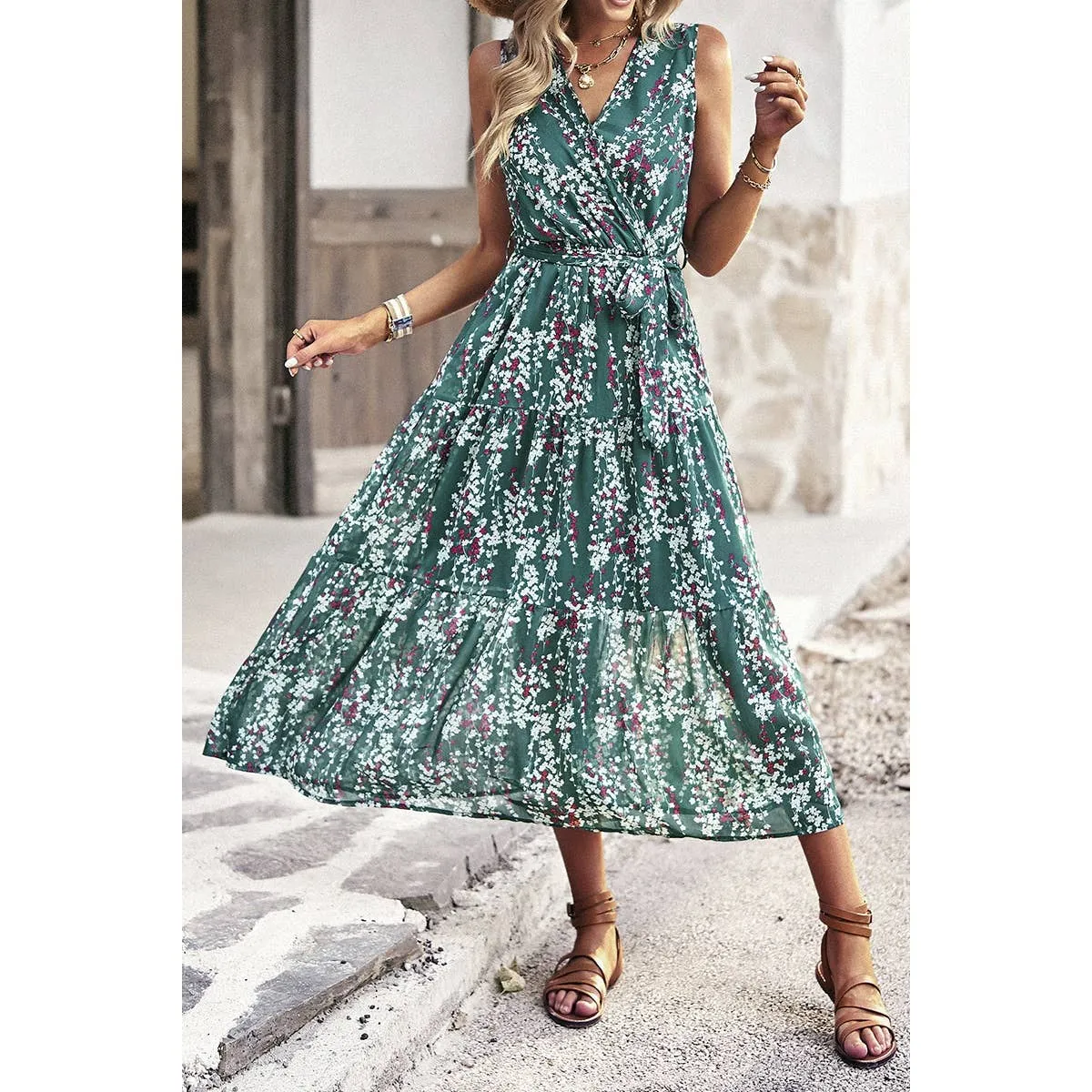 Green Floral Print Cross V Neck Belt Fit Sleeveless Dress