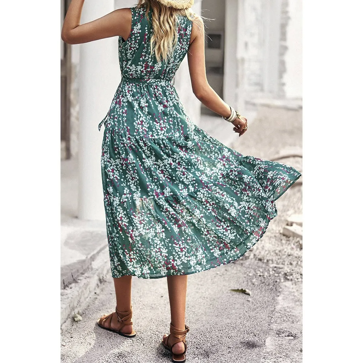 Green Floral Print Cross V Neck Belt Fit Sleeveless Dress