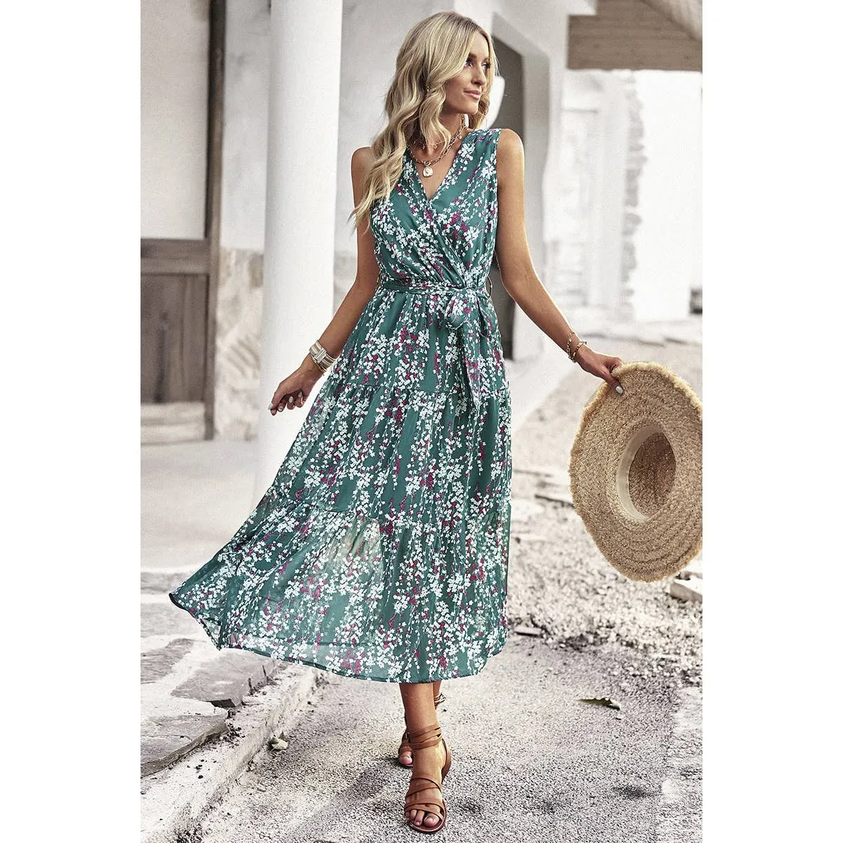 Green Floral Print Cross V Neck Belt Fit Sleeveless Dress