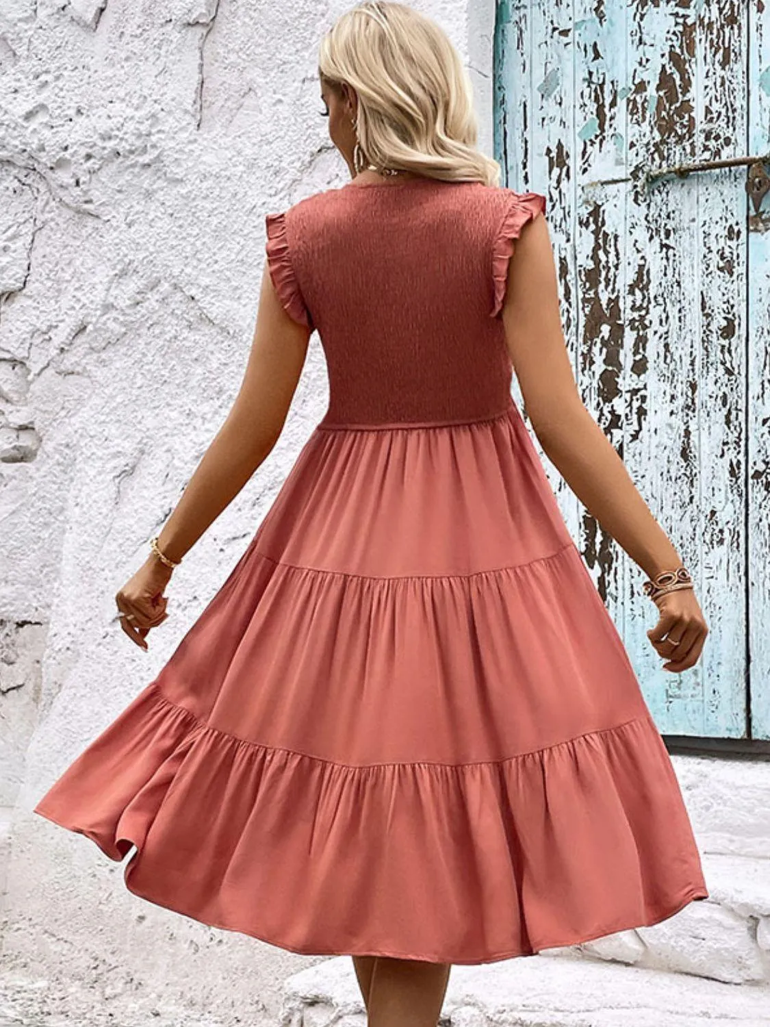 Hazel Blues® |  Smocked Round Neck Tiered Dress