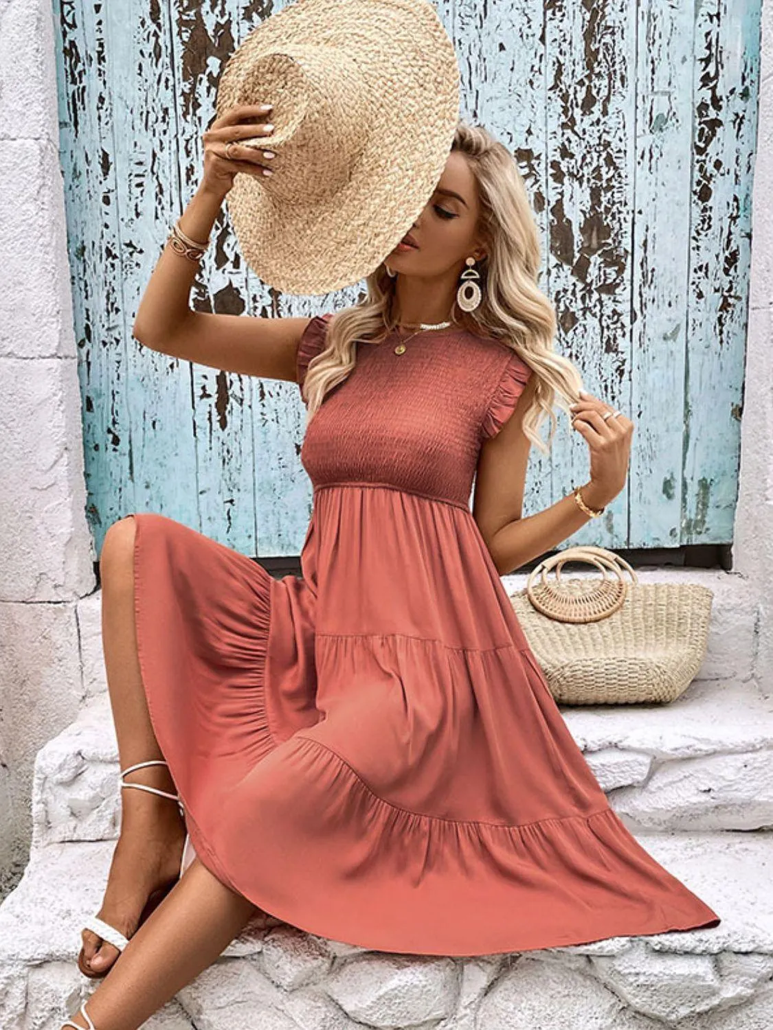 Hazel Blues® |  Smocked Round Neck Tiered Dress