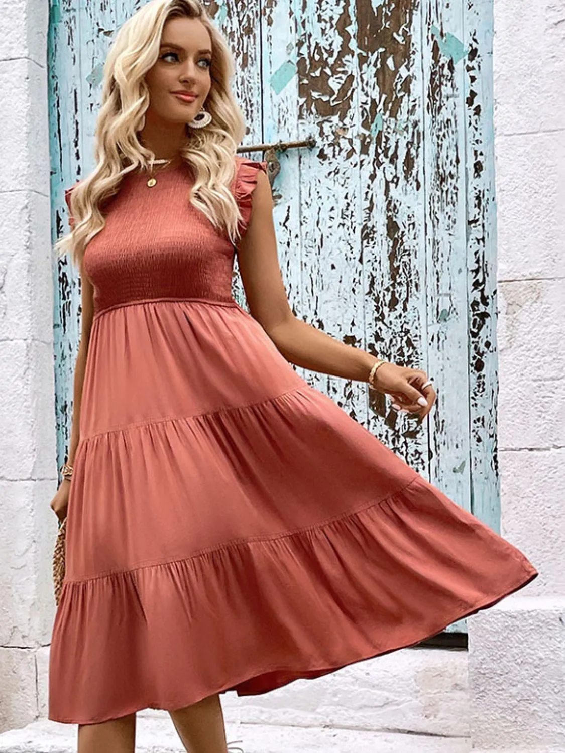 Hazel Blues® |  Smocked Round Neck Tiered Dress