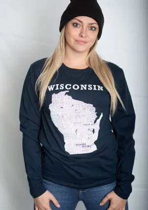 Hometown Wisconsin Long Sleeve Tee Shirt- Red/Midnight Navy